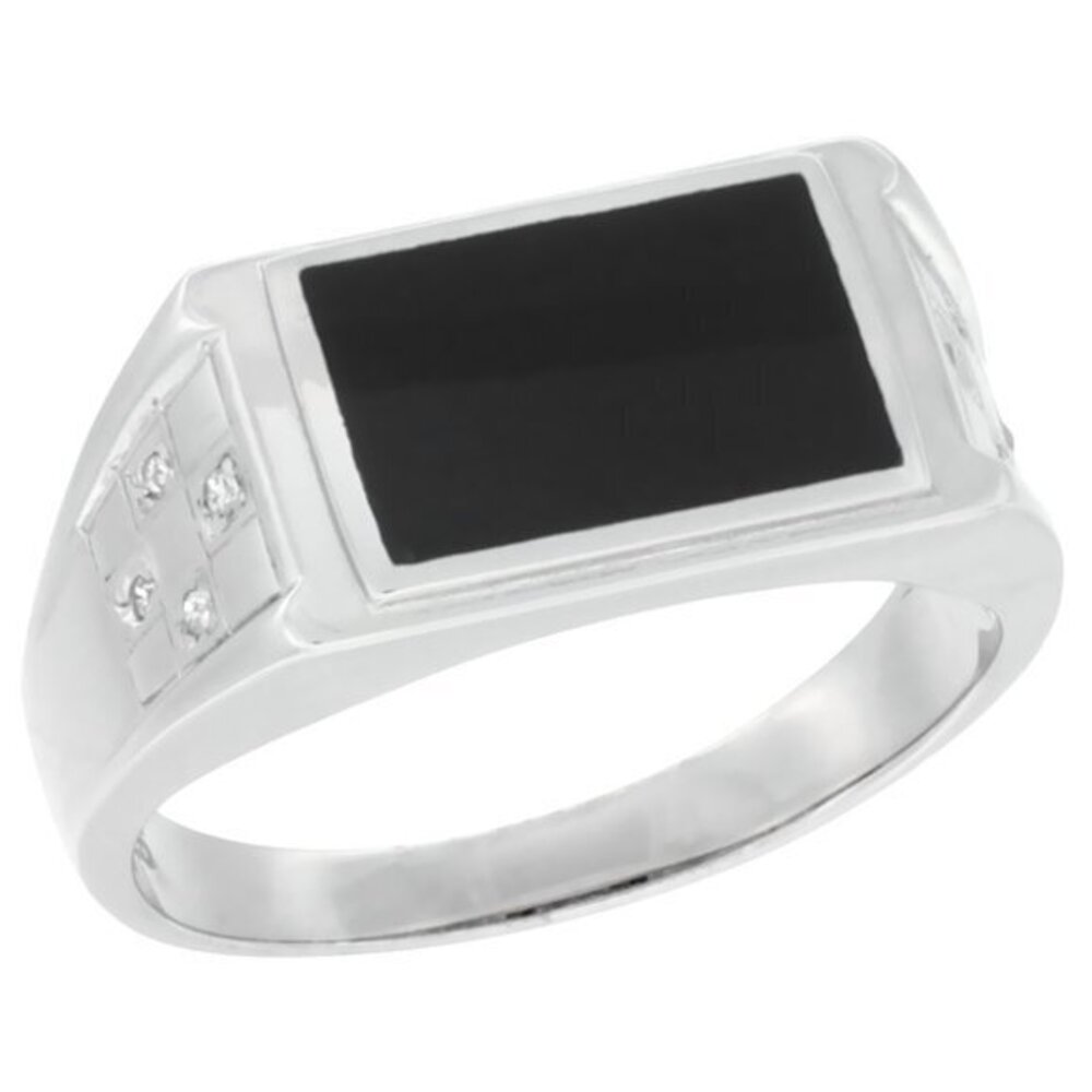 9mm Mens Sterling Silver Rectangular Black Onyx Ring Checkerboard